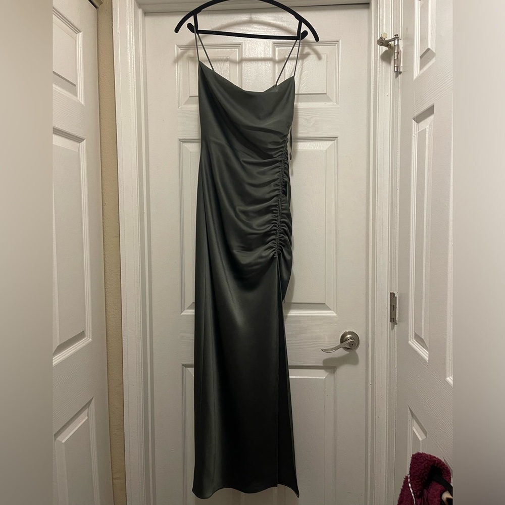 BHLDN jennings cowl neck ruched slit satin gown